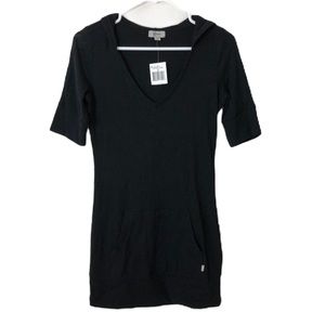 Guess Black Half Sleeve V Neck Hooded Tunic Dress Front Pocket NWT